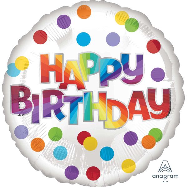 Vibrant 45cm birthday balloon with colorful dots, self-sealing, perfect for festive celebrations.