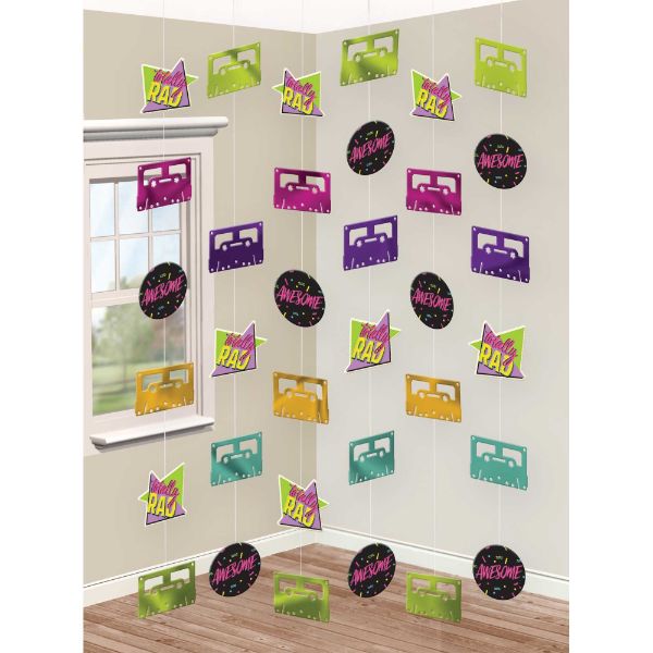 Vibrant 80's hanging string decorations (pack of 6) in colorful foil and cardboard, perfect for themed parties and celebrations.