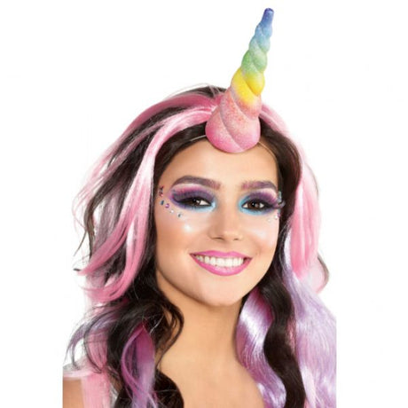 Vibrant rainbow glittered unicorn horn party accessory, perfect for birthdays and themed events, crafted from durable cardboard.