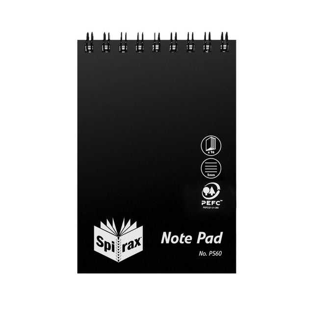 Durable black polypropylene notebook with 96 ruled pages, compact size, and stylish wiro binding for secure note-taking.