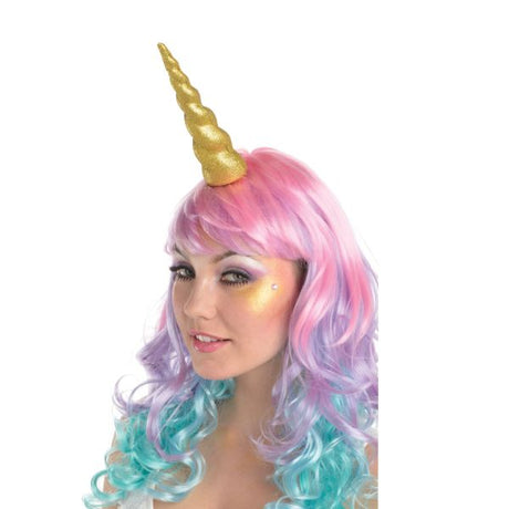 Gold glitter unicorn horn accessory for parties, made from eco-friendly materials with a secure elastic band.