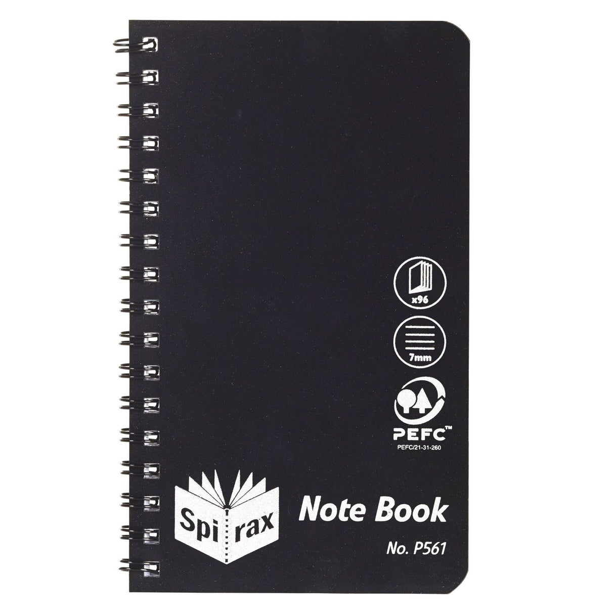 Spirax P561 black PP notebook, 147x87mm, 96 ruled pages, durable wiro binding, ideal for writing and organization.