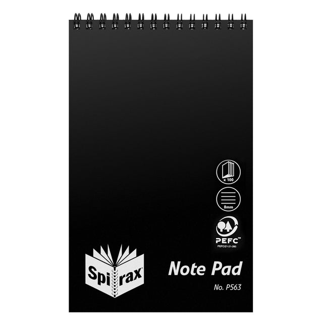 SPIRAX P563 black notebook with a durable cover, 100 ruled pages, and top opening, perfect for notes or ideas.