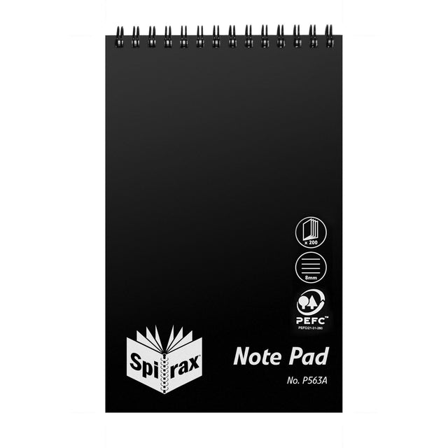 SPIRAX P563A black reporters notebook, top-opening, 200 pages, 8mm ruled lines, stylish polypropylene cover.