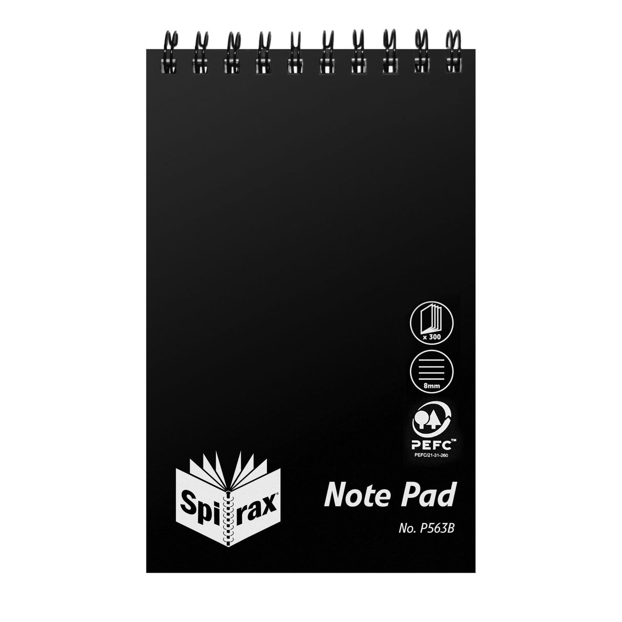 SPIRAX P563B black PP notebook, 200x127mm, top-opening, 300 ruled pages, durable wiro binding, perfect for note-taking.