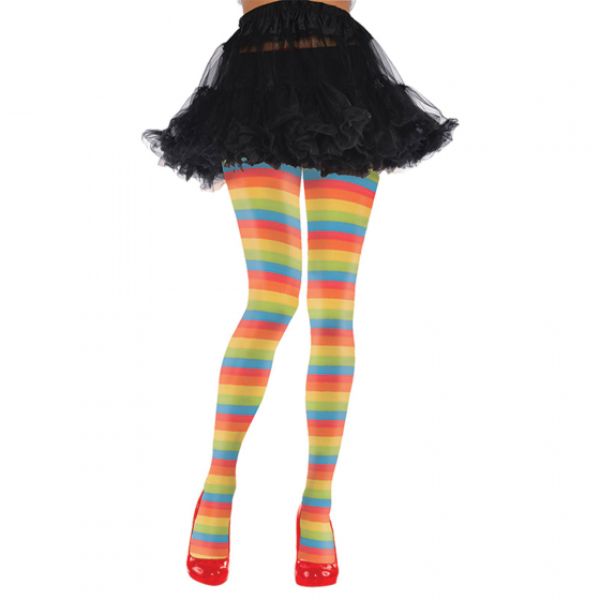 Vibrant adult-sized clown tights with rainbow stripes, perfect for parties and adding color to outfits.