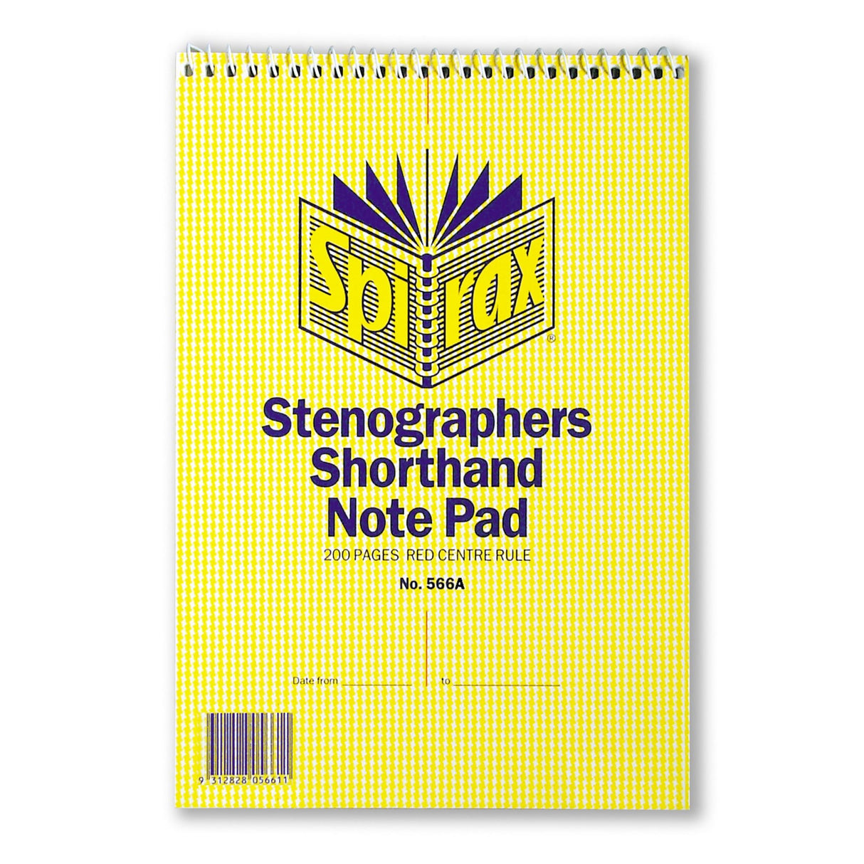 Spirax 566A Steno Notebook with 200 pages, top-opening, red ruled margins, and spiral binding for easy note-taking.