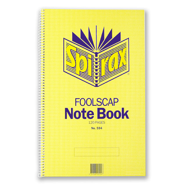 Spirax 594 Notebook with 120 pages, side-opening design, 322x200mm, durable cover, and 8mm ruled lines for versatile note-taking.