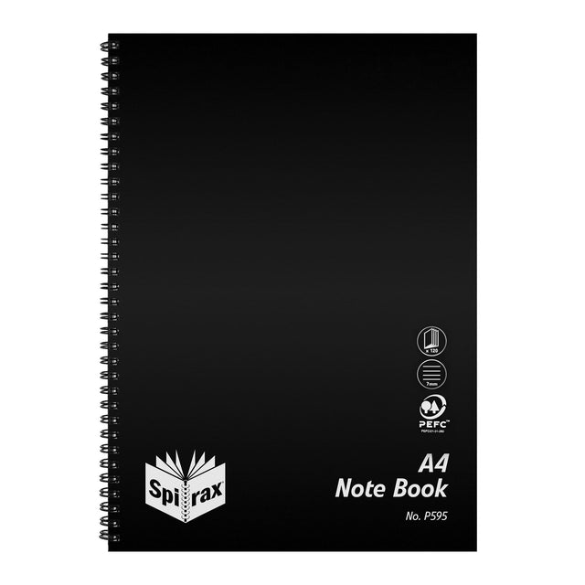 Spirax P595 A4 notebook with durable black cover, 120 ruled pages, side opening design, perfect for organization and note-taking.