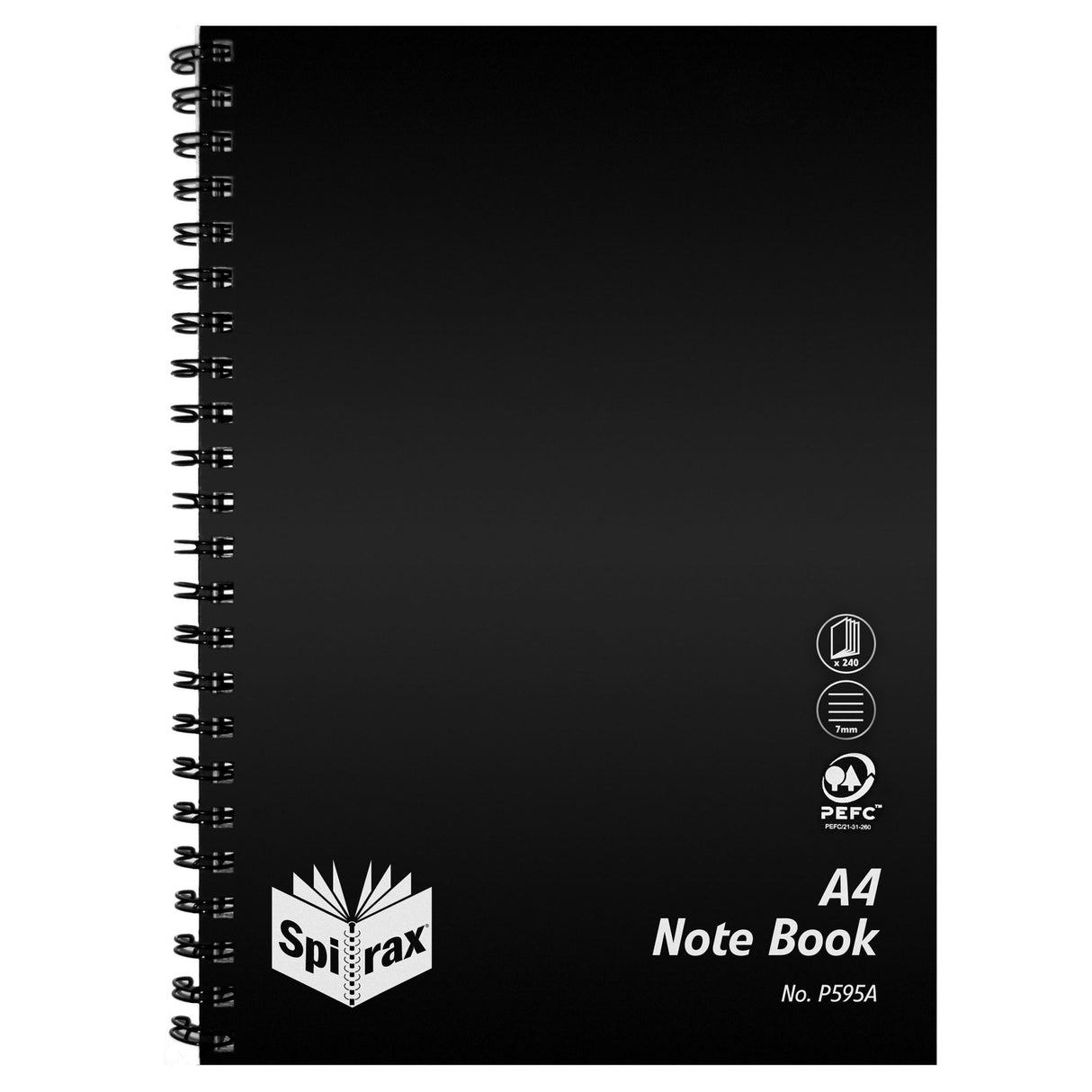 Black Spirax P595a A4 notebook with 240 lined pages, durable cover, and side-bound design for easy access and note-taking.