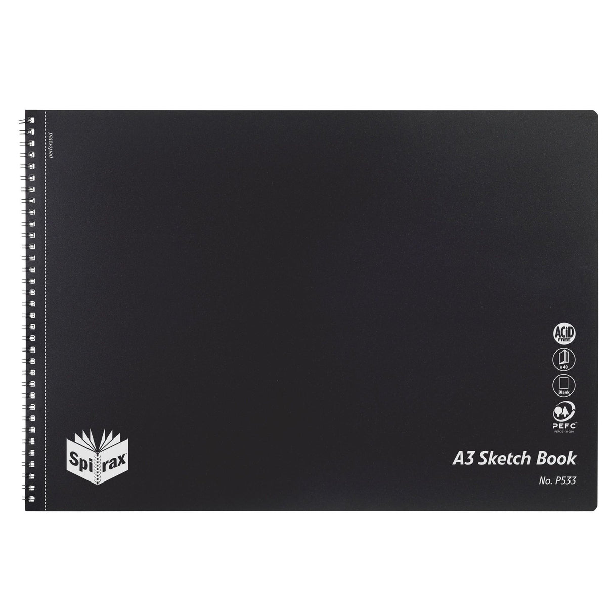 Spirax P533 A3 sketchbook with 40 acid-free pages, black wire binding, and stylish cover, perfect for artists and students.