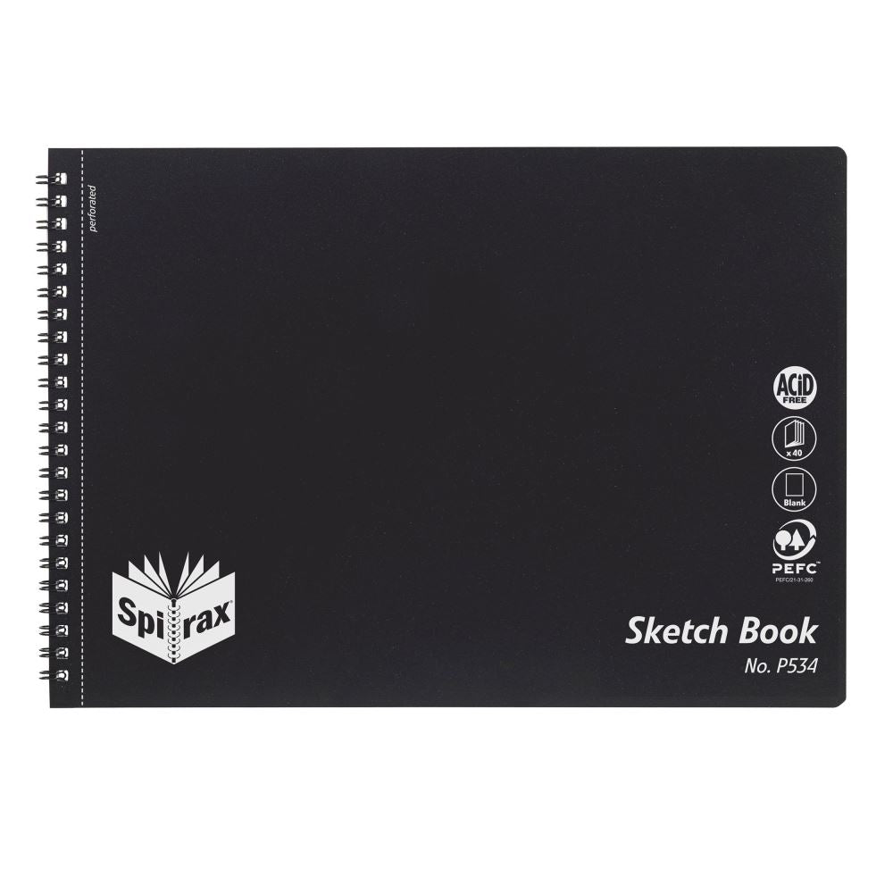 Premium A4 Spirax P534 sketchbook with 40 acid-free pages, sturdy wire binding, and elegant silver icons on the cover.