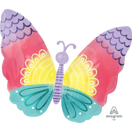 Vibrant XL pastel tie-dye butterfly balloon, 66cm x 53cm, perfect for adding color to celebrations or events.