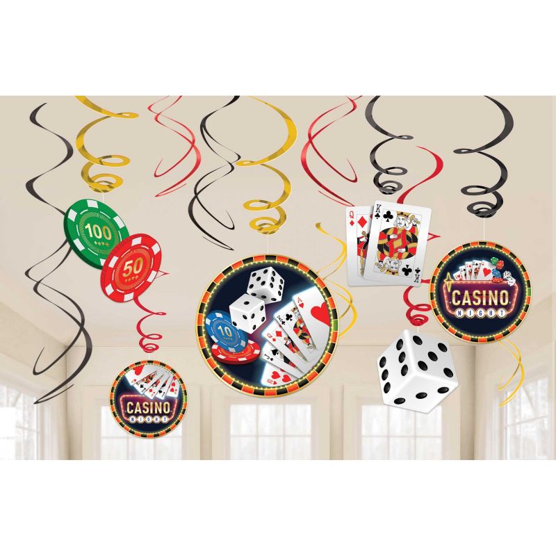 Colorful casino-themed hanging swirl decorations with foil and cutouts for lively party ambiance, pack of 12.