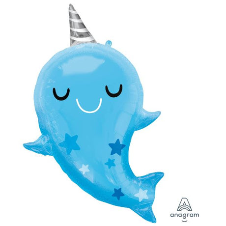 SuperShape XL Narwhal Baby balloon, vibrant and large, perfect for baby showers and ocean-themed parties.