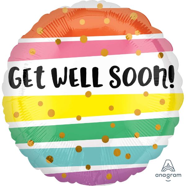 45cm Get Well Soon balloon with vibrant bold stripes, perfect for uplifting spirits and celebrating recovery.