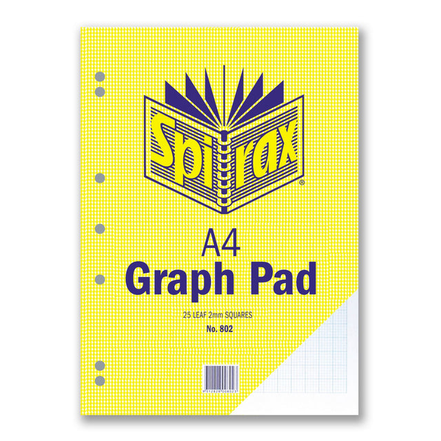 Spirax 802 A4 graph pad with 2mm green grid, 25 sheets, top opening, glue-bound, and 7-hole punched for binders.