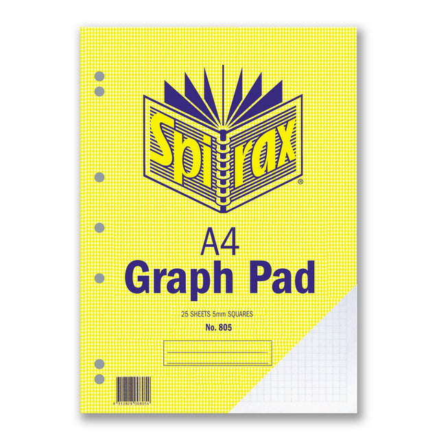 Spirax 805 A4 graph pad with 5mm grid, 25 glue-bound leaves, 7-hole punched for binders, ideal for precise charting and notes.