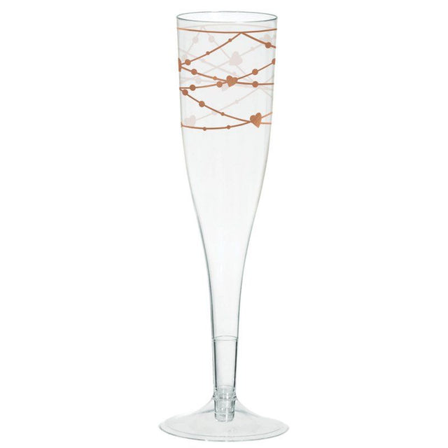 Navy plastic champagne glasses with elegant hot-stamped designs, perfect for weddings and celebrations (pack of 16).