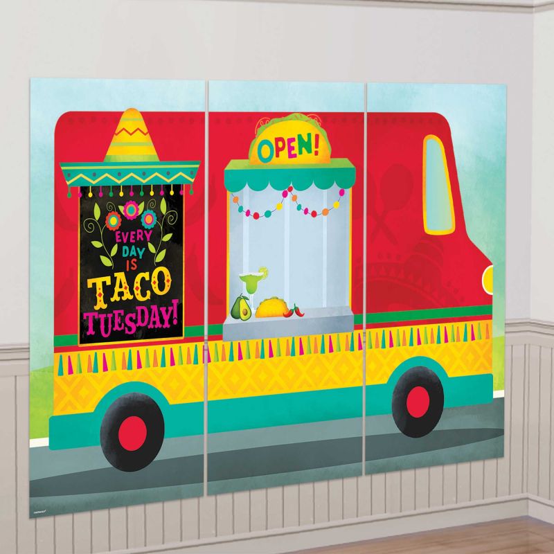 Vibrant Fiesta Taco Truck scene setter pack of 3, perfect for enhancing taco-themed parties and celebrations.