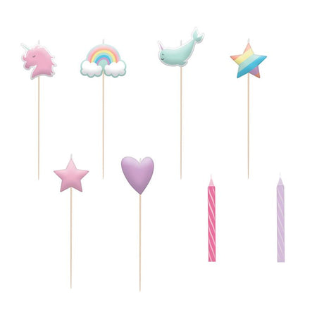 Vibrant Magical Rainbow Birthday Candle Set with spiral and pick candles, perfect for festive birthday celebrations.