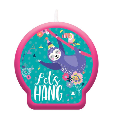 Adorable 6cm Sloth Birthday Candle "Let's Hang" adds fun to cakes, perfect for sloth lovers and birthday celebrations.