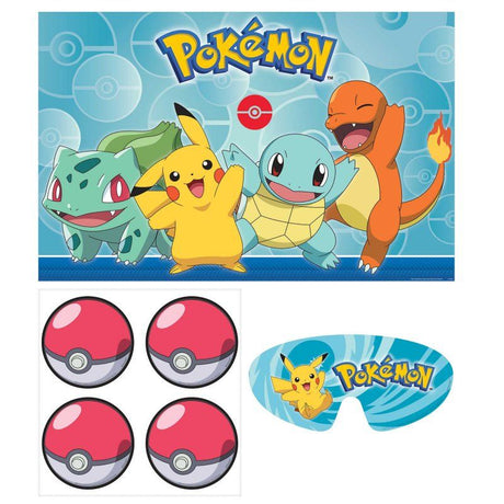 Vibrant Pokemon Classic Party Game set with a large game board, stickers, and blindfold for interactive fun.