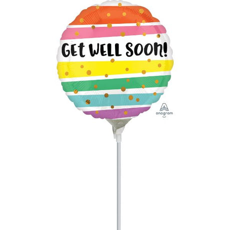 Bright and colorful 10cm Get Well Soon balloon with bold stripes, perfect for uplifting spirits during recovery.