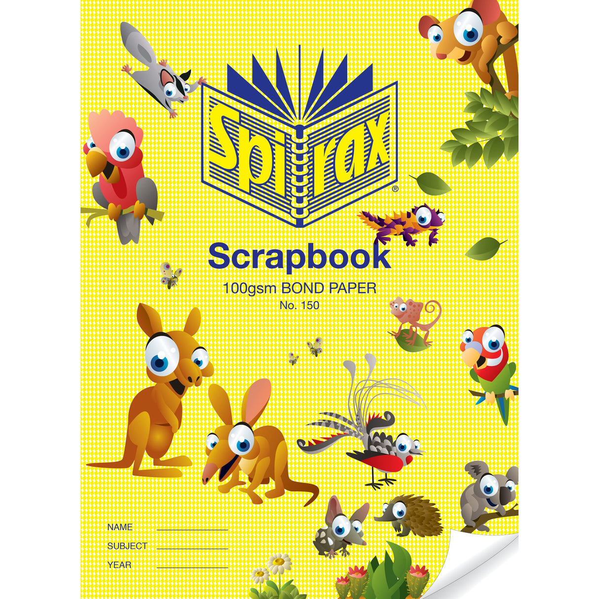 SPIRAX 150 Scrapbook pack of 10 features 64 pages of 100GSM paper with charming native animal covers and houndstooth design.