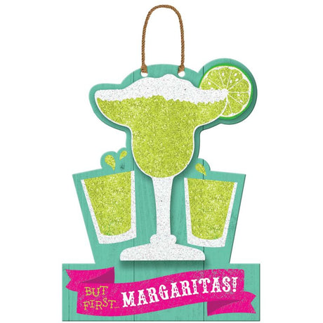 Colorful hanging MDF sign reading "Fiesta But First Margaritas," perfect for kitchens, bars, and outdoor celebrations.