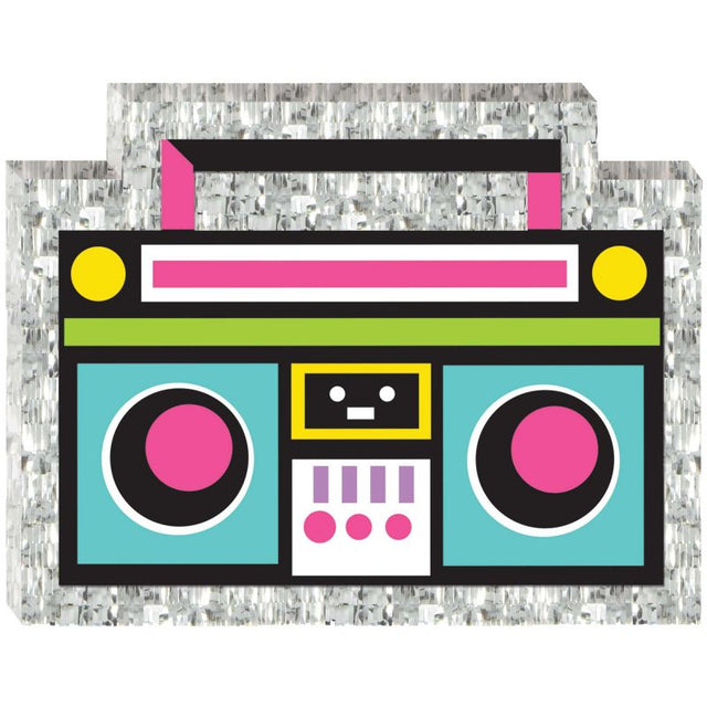 Colorful 80's mini boom box decoration, perfect for retro parties, measuring 12cm x 19cm in cardboard and foil.