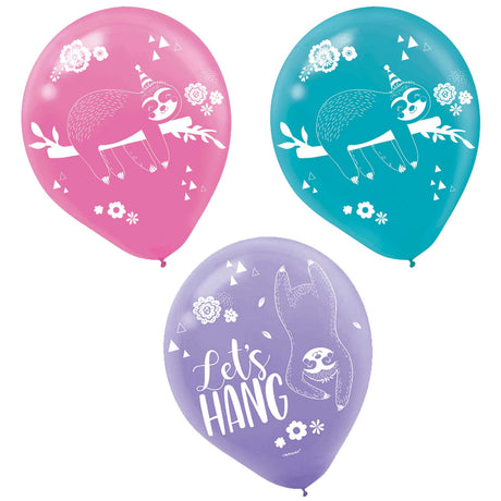 Colorful 30cm latex balloons with charming sloth designs, perfect for festive celebrations and themed parties. Pack of 6.