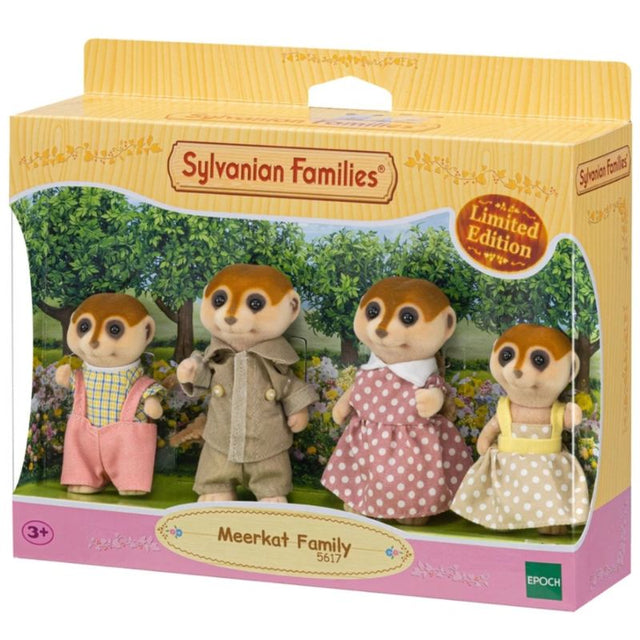 Sylvanian Families Meerkat Family set featuring four movable figures: Harry, Beatrix, Alfie, and Gail, ideal for imaginative play.