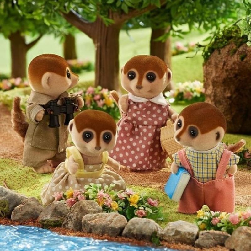 Sylvanian Families Meerkat Family figures, including Harry, Beatrix, Alfie, and Gail, perfect for imaginative storytelling.