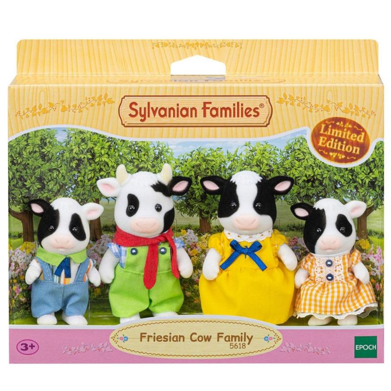 Four movable figures of the limited edition Sylvanian Families Fresian Cow Family, perfect for imaginative play and storytelling.