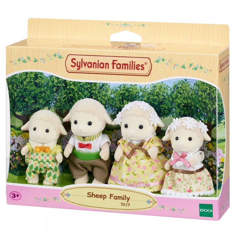 Sylvanian Families Sheep Family set featuring Father Ewan, Mother Barbara, and kids Winton and Iona, promoting imaginative play.