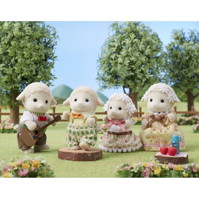 Sylvanian Families Sheep Family set featuring Ewan, Barbara, Winton, and Iona, designed for imaginative play and nature exploration.