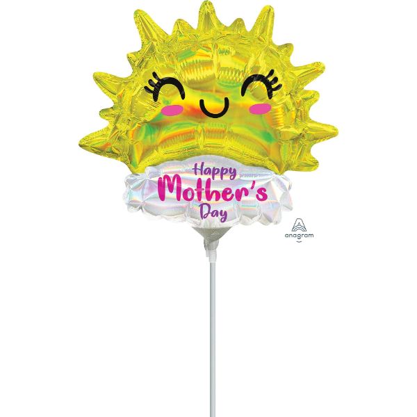 Mini shape foil balloon in iridescent sun design, perfect for Mother's Day celebrations with vibrant colors and cheerful vibes.