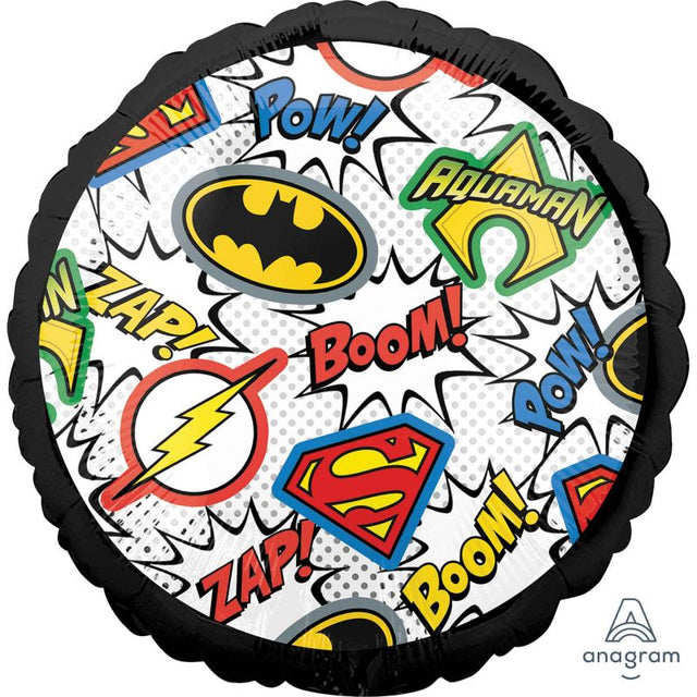 Vibrant 45cm Justice League foil balloon, ideal for superhero-themed parties and celebrations, made for durability and fun.