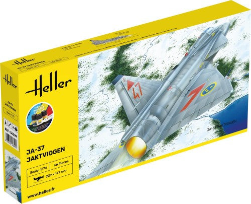 Detailed scale model kit of the JA-37 Jaktviggen fighter jet featuring RM8B reactor and Sidewinder missiles.