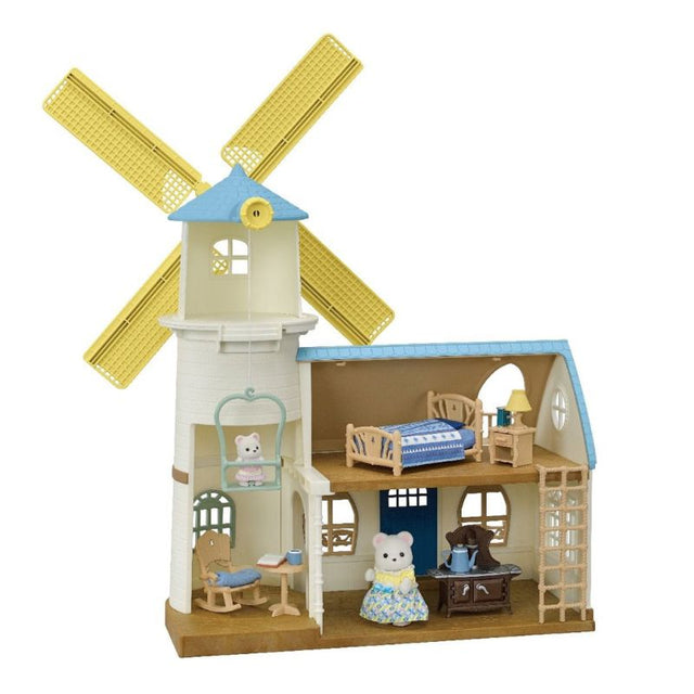 Sylvanian Families Windmill Gift Set with Polar Bear figures, light blue roof, and 36 imaginative play pieces for children's fun.