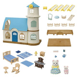 Sylvanian Families Windmill gift set featuring light blue roof, Polar Bears, gondola, and 36 detailed accessories for imaginative play.