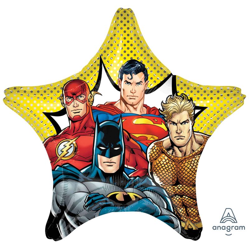 Vibrant 71cm Jumbo Hx Justice League foil balloon featuring iconic superheroes, perfect for parties and celebrations.