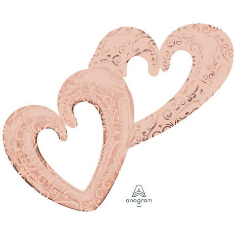 Rose gold interlocking hearts balloons, perfect for weddings and romantic celebrations, adding elegance and charm to events.