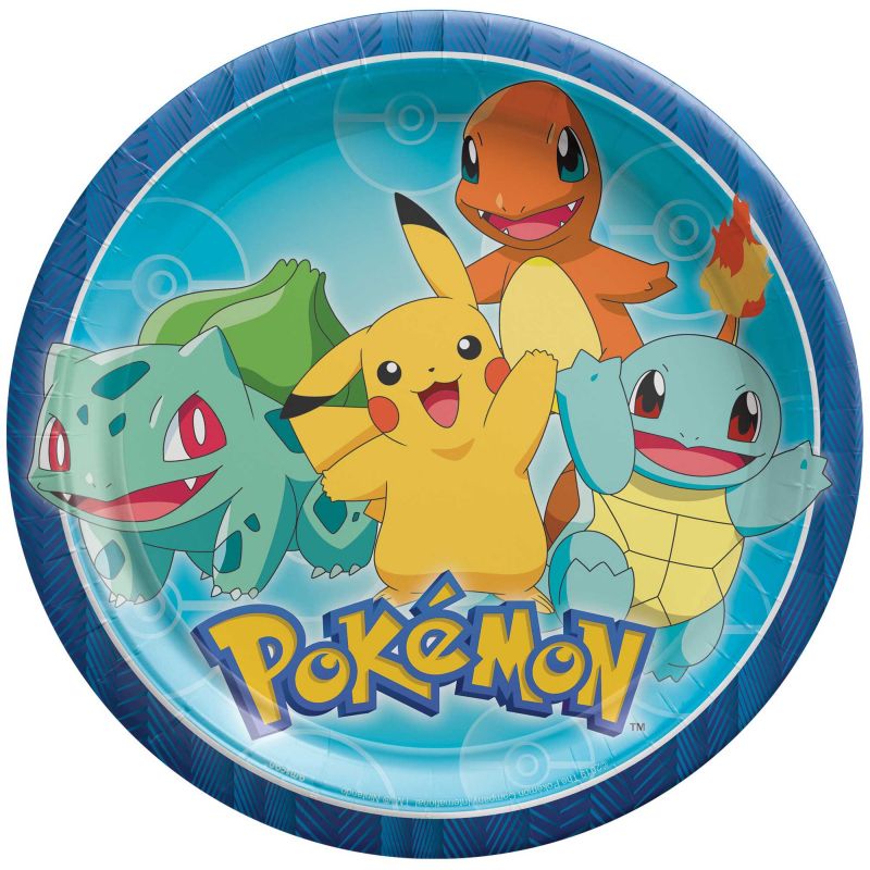 Colorful Pokémon-themed 9"/23cm round paper plates, pack of 8, perfect for parties and hassle-free cleanup.