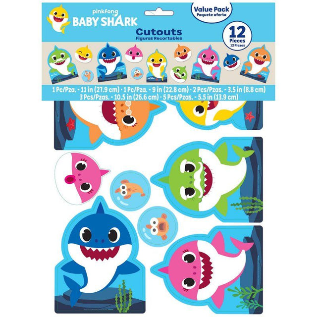 Vibrant Baby Shark cutouts pack of 12, perfect for decorations at parties, classrooms, or photo booths.