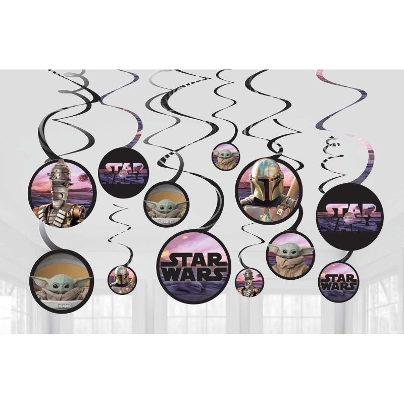 Vibrant Mandalorian spiral swirl decorations with character cutouts, perfect for themed parties and events. Pack of 12.