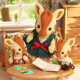 Alt text: "Sylvanian Families Highbranch Giraffe Family with gentle dad Egbert, mom Olive, and two playful kids Bran and Brie."