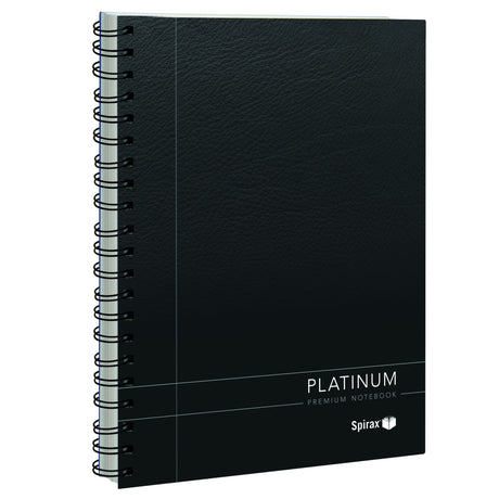 A4 black Spirax 400 Platinum notebook with 200 pages of premium 90gsm paper, featuring organizational tools and stylish design.