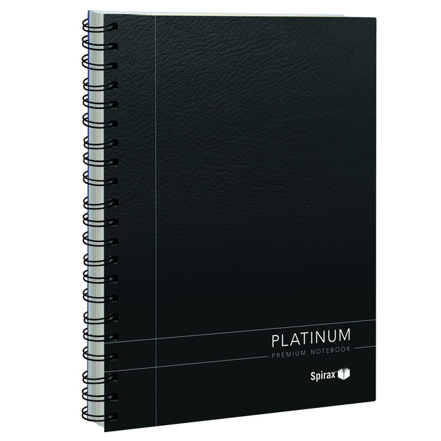 A4 black Spirax 400 Platinum notebook with 200 pages of premium 90gsm paper, featuring organizational tools and stylish design.